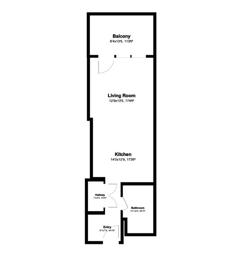 Floor plan for studio, 1 bath, 623 sqft